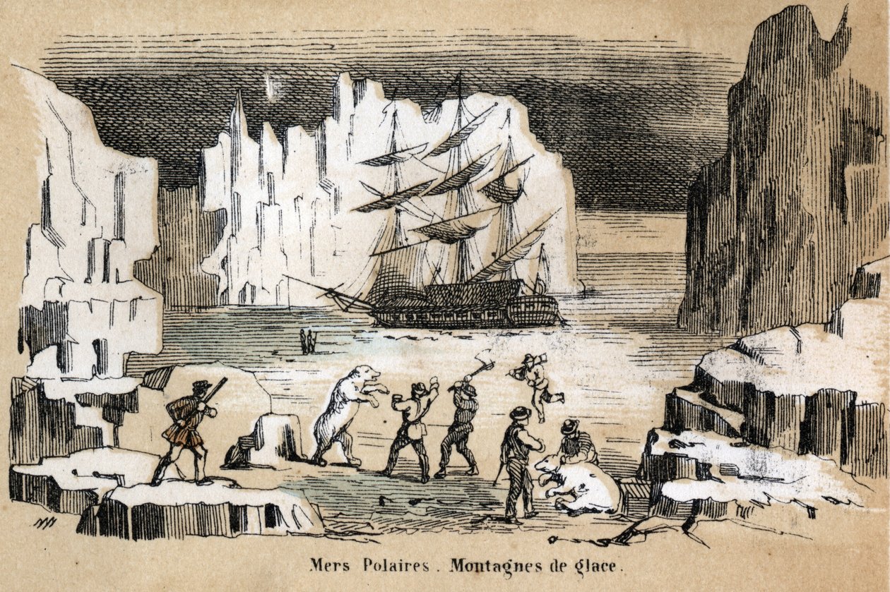 Descripción de los diferentes tipos de paisajes y relieves según la geografía: detalle que representa un paisaje ártico con osos polares, icebergs. Placa “Geografía Física” en “les Recreations instructives” Pintura sinóptica de Jules DELBRUCK, grabado de 1 de French School