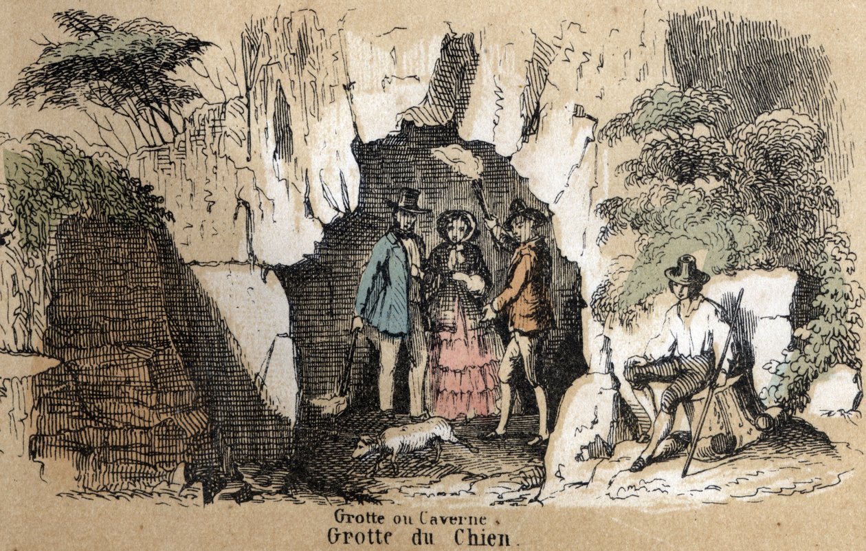 Descripción de los diferentes tipos de paisajes y relieves según la geografía: detalle que representa visitantes en la cueva del perro. Placa “Geografía Física” en “les Recreations instructives” Pintura sinóptica de Jules DELBRUCK, grabado de 1860. Colecci de French School