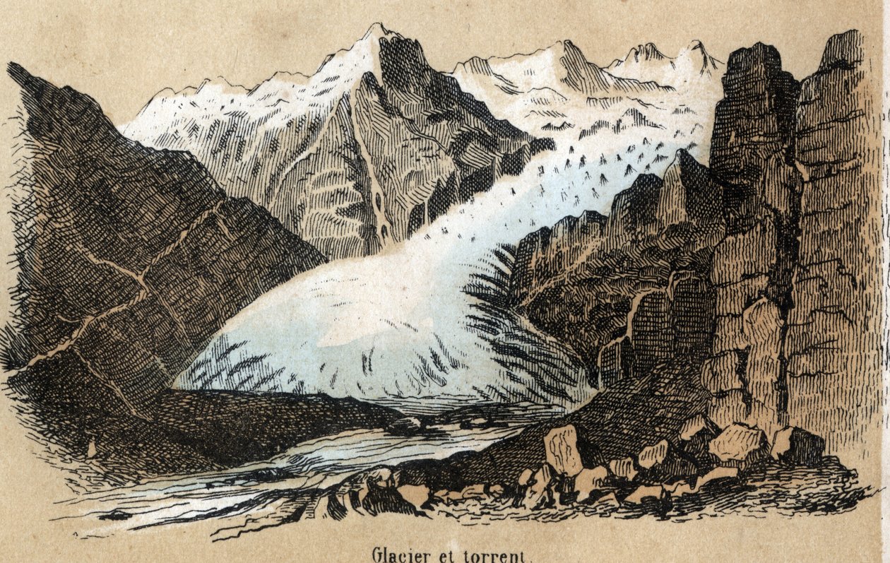Descripción de los diferentes tipos de paisajes y relieves según la geografía: detalle que representa un glaciar (o mar de hielo) en una cordillera. Placa “Physical Geography” en “les Recreations instructives” Pintura sinóptica de Jules Delbruck. de French School