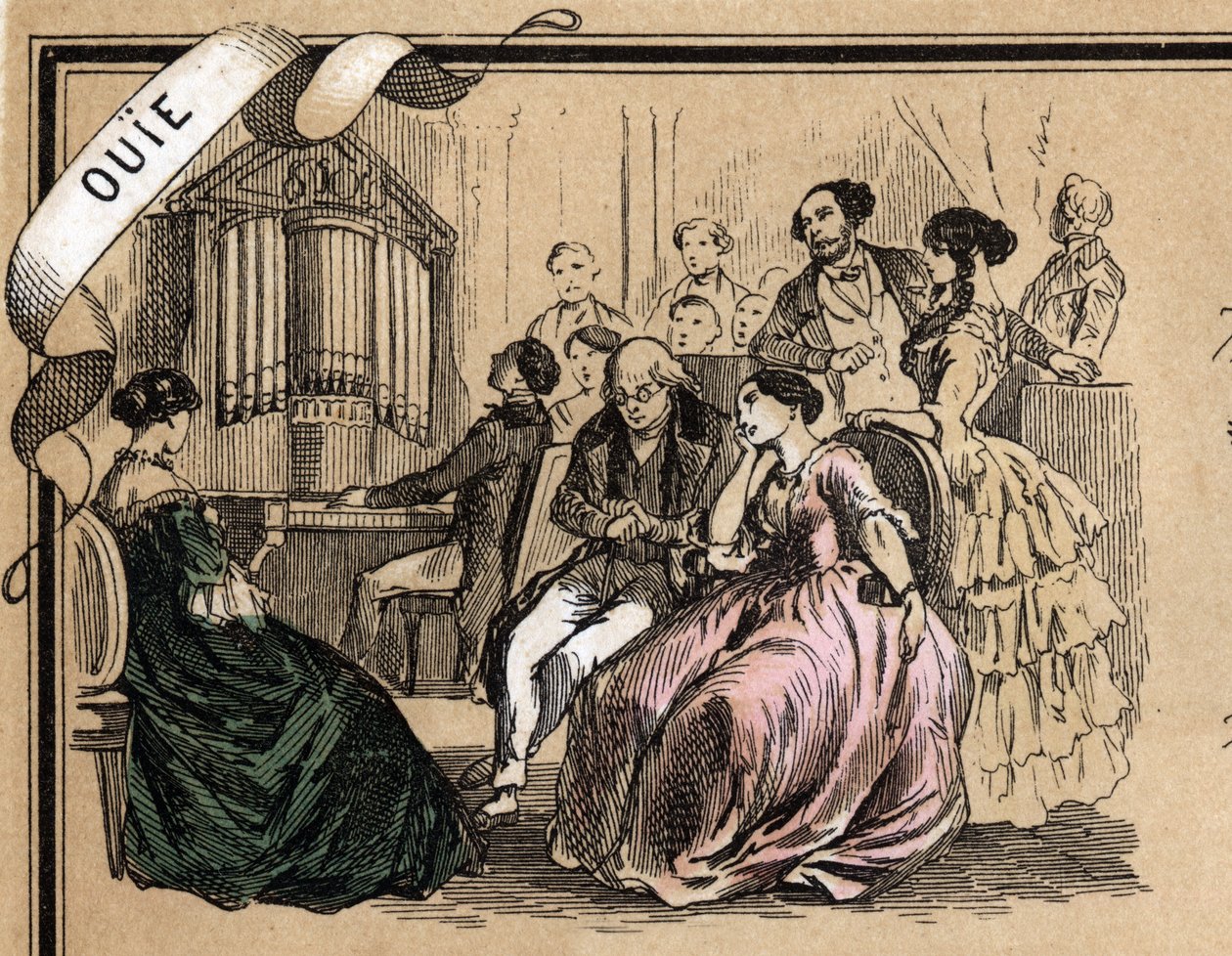 Descripción de los cinco sentidos: detalle del oído, un concierto de música durante una velada social. Placa “Les cinq sens” en “les Recreations instructives” Pintura sinóptica de Jules Delbruck, grabado de 1860. de French School