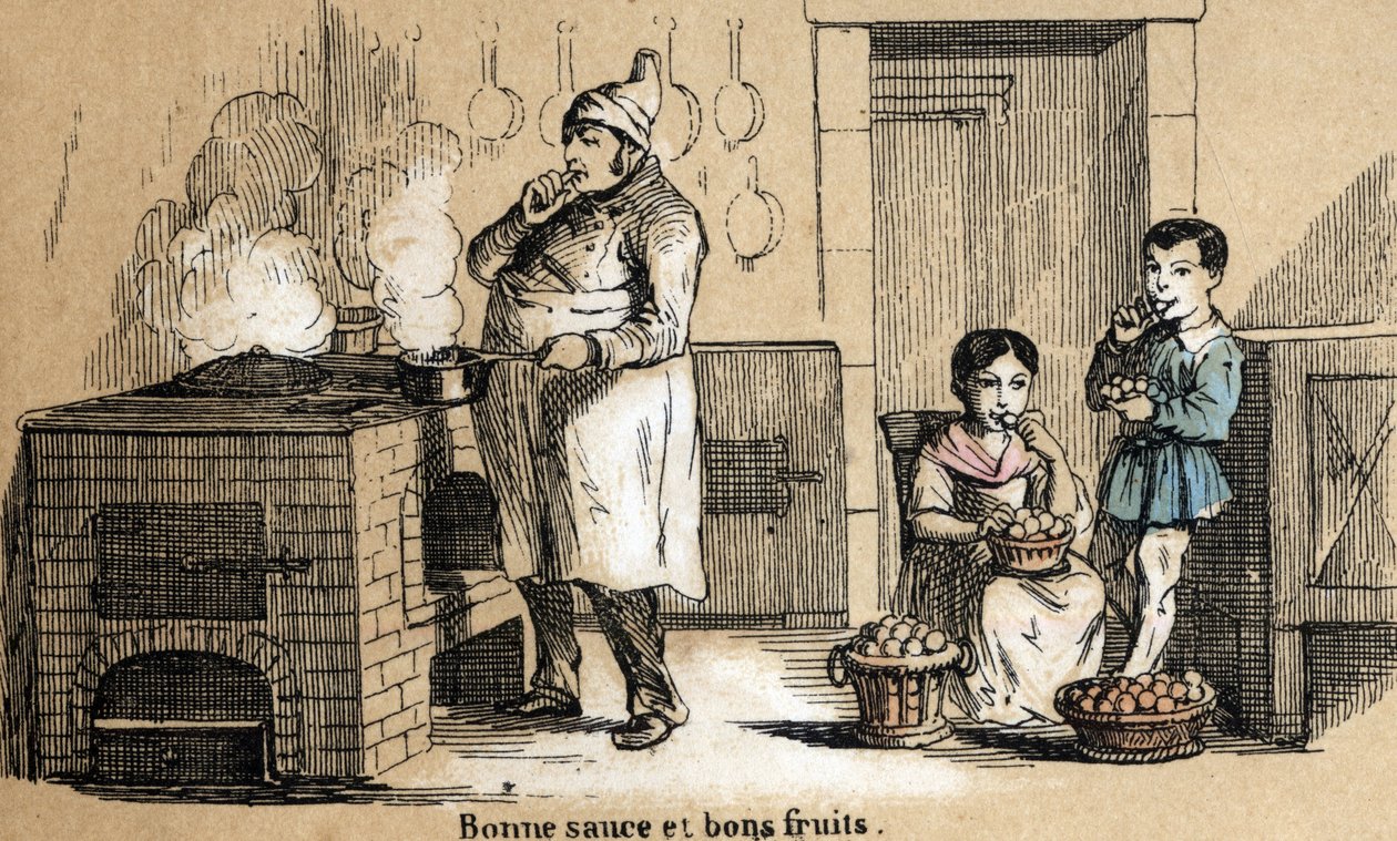 Descripción de los cinco sentidos: detalle del gusto, un cocinero saborea su salsa y los niños muerden fruta. Placa “Los cinco sentidos” en “Las recreaciones instructivas” Pintura sinóptica de Jules Delbruck, grabado de 1860. Colección privada de French School