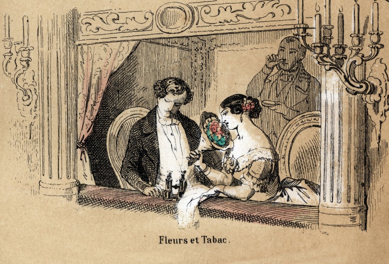 Descripción de los cinco sentidos: olfato, espectadores en un palco de ópera, bañados en la fragancia de flores y tabaco. Placa “Los cinco sentidos” en “Las recreaciones instructivas” Pintura sinóptica de Jules Delbruck, grabado de 1860. Colección privad de French School