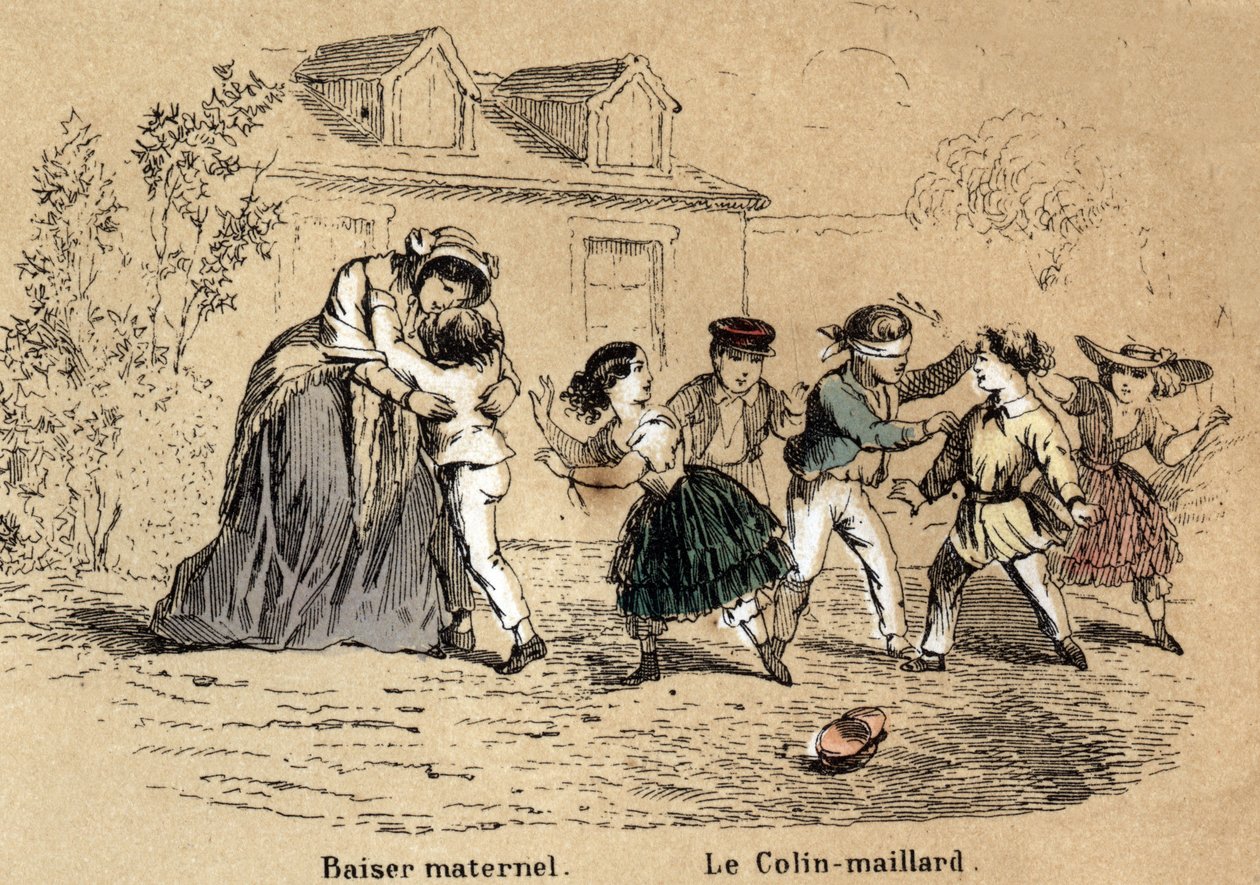 Descripción de los cinco sentidos: el tacto, una madre abrazando a su hijo para contacto maternal y el juego del collin-aillard. en "Les cinq sens" en "les Recreations instructives" pintura sinóptica de Jules Delbruck, grabado de 1860. Colección privada. de French School