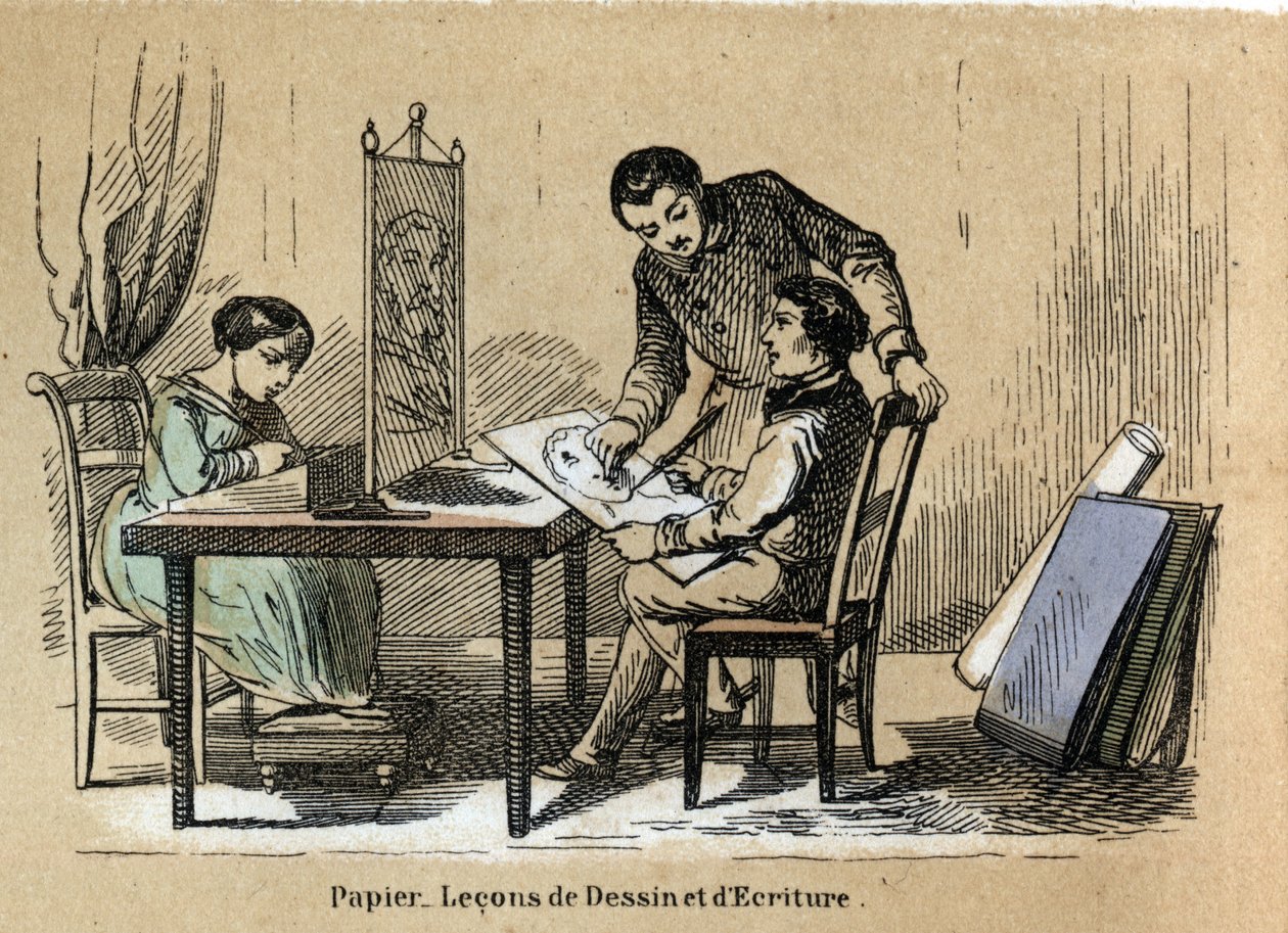 Descripción de los diversos productos y usos del papel: un tribunal de dibujo y escritura. Placa “Le papier et ses produits” en “les Recreations instructives” Pintura sinóptica de Jules Delbruck, grabado de 1860. de French School