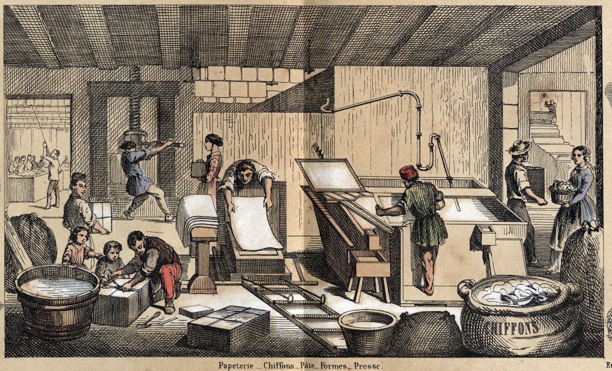 Descripción de los diversos productos y usos del papel: actividades en una papelería, fabricación de papel a partir de trapos, pulpa, formas y prensa. Placa “El papel y sus productos” en “Las recreaciones instructivas” Pintura sinóptica de Jules Delbruck de French School
