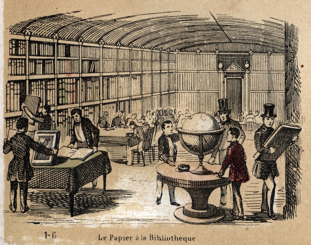 Descripción de los diversos productos y usos del papel: vista de una biblioteca que contiene obras en papel. Placa “El papel y sus productos” en “Las recreaciones instructivas” Pintura sinóptica de Jules Delbruck, grabado de 1860. Colección privada de French School