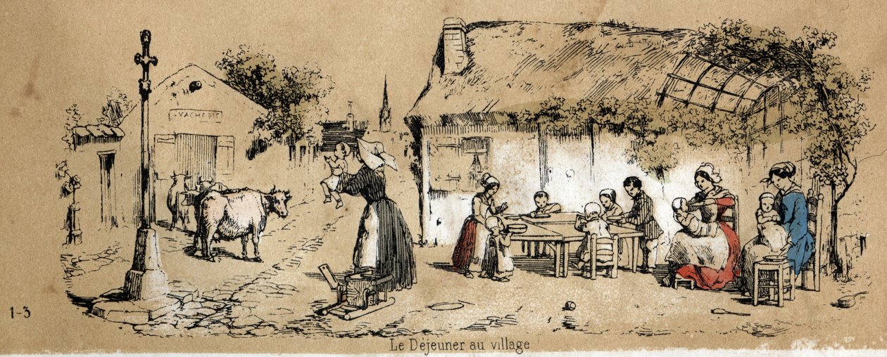 Descripción de los diversos productos y usos de la vaca: escena de la vida cotidiana en un pueblo. Placa “La vaca y sus productos” en “Les Recreations instructives” pintura sinóptica de Jules Delbruck, grabado de 1860. Colección privada de French School