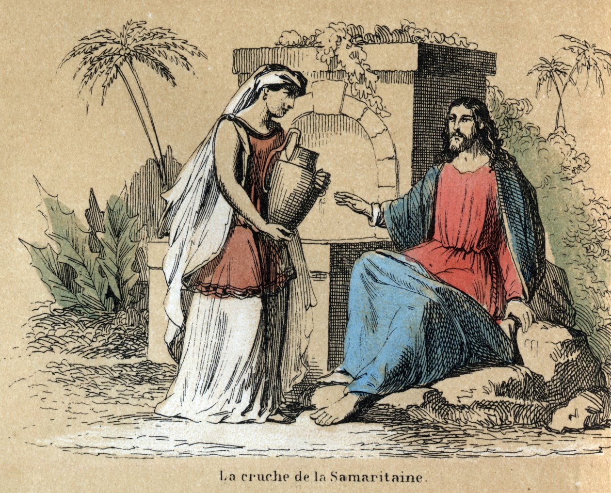 Descripción de las diversas etapas de fabricación y usos de la arcilla: Jesús y la Samaritana llevando una jarra de arcilla en la Biblia. Placa “La arcilla y sus productos” en “Les Recreations instructives” Pintura sinóptica de Jules DELBRUCK, grabado de 1 de French School