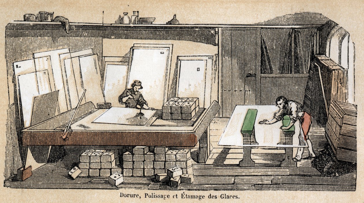 Descripción de las diversas etapas de fabricación y uso del vidrio: un taller para dorar, pulir y estampar vidrio. Placa “El vidrio y sus productos” en “Les Recreations instructives” pintura sinóptica de Jules Delbruck, grabado de 1860. Colección privada de French School