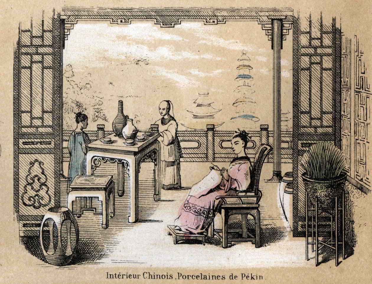 Descripción de las diversas etapas de fabricación y usos de la arcilla: un interior chino con porcelana de Pekín. Placa “La arcilla y sus productos” en “Les Recreations instructives” Pintura sinóptica de Jules DELBRUCK, grabado de 1860. Colección privada de French School