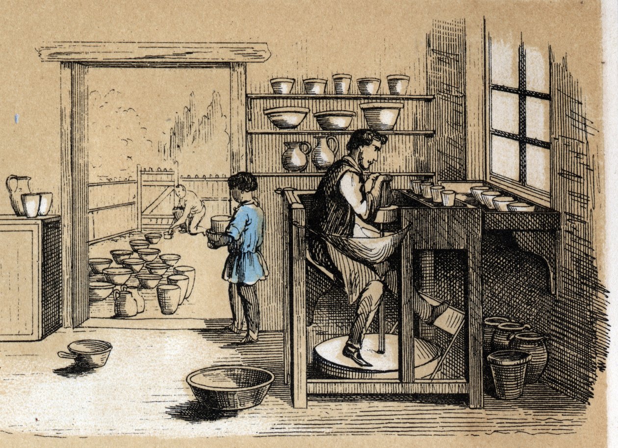 Descripción de las diversas etapas de fabricación y usos de la arcilla: un alfarero trabajando en el torno. Placa “La arcilla y sus productos” en “Las recreaciones instructivas” Pintura sinóptica de Jules DELBRUCK, grabado de 1860. Colección privada de French School