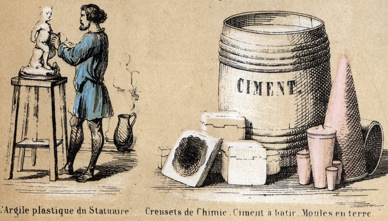 Descripción de las diversas etapas de fabricación y usos de la arcilla: un escultor moldeando arcilla y usando arcilla para cemento y moldes de tierra. Placa “La arcilla y sus productos” en “Les Recreations instructives” pintura sinóptica de Jules Delbruck de French School