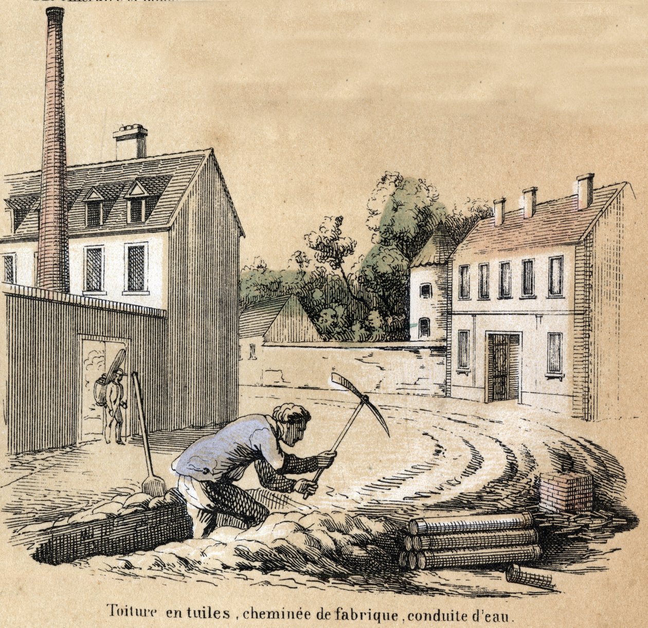 Descripción de las diversas etapas de fabricación y usos de la arcilla: sitio de construcción en el edificio, techos de tejas, tuberías de agua y chimenea de fábrica. Placa 