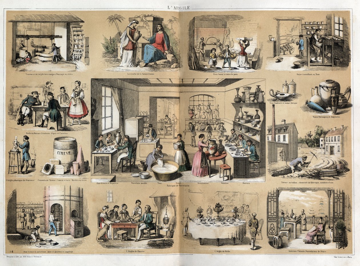 Descripción de las diversas etapas de fabricación y usos de la arcilla: en el centro un taller para la fabricación de porcelana (pintura, dorado, reparación), en la parte superior etapa de trituración de la arcilla y luego su pelado, luego descripción del  de French School