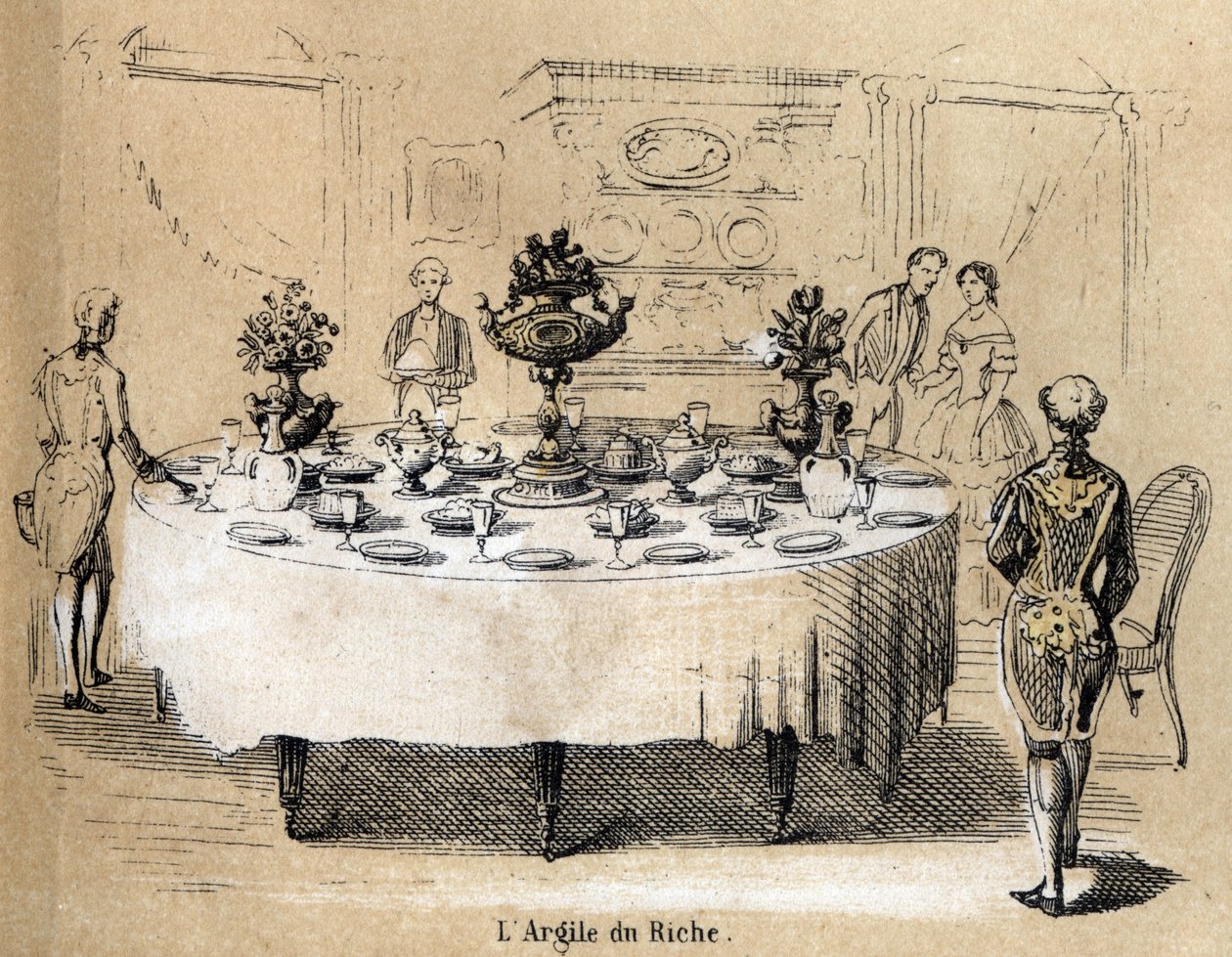 Descripción de las diversas etapas de fabricación y usos de la arcilla: el uso de la arcilla en interiores ricos, una mesa con vajilla de porcelana. Placa “La arcilla y sus productos” en “Les Recreations instructives” Pintura sinóptica de Jules DELBRUCK, g de French School