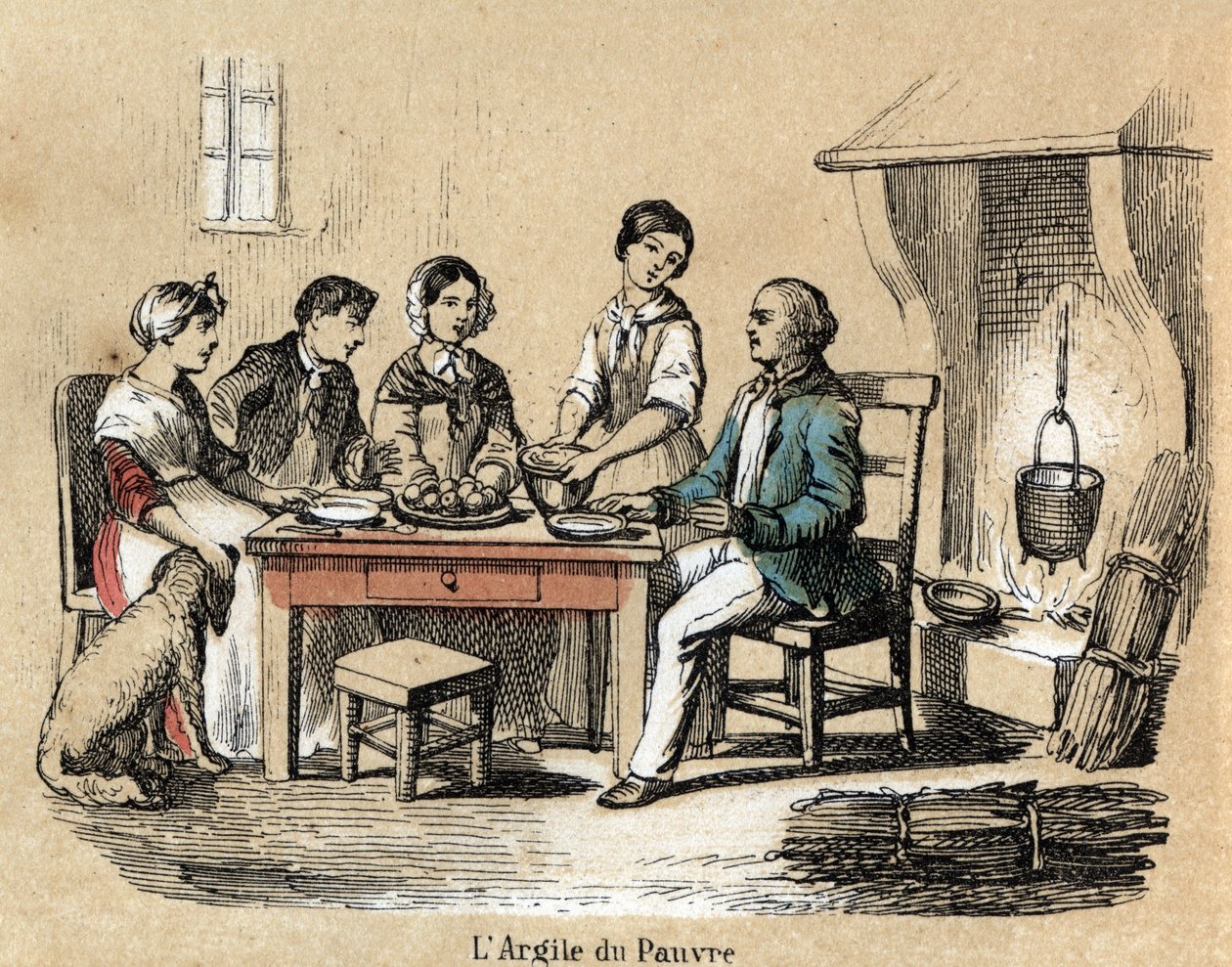 Descripción de las diversas etapas de fabricación y usos de la arcilla: el uso de la arcilla en los internos pobres, una familia reunida en la mesa comiendo en platos de arcilla de calidad mediocre. Placa “La arcilla y sus productos” en “Las recreaciones de French School