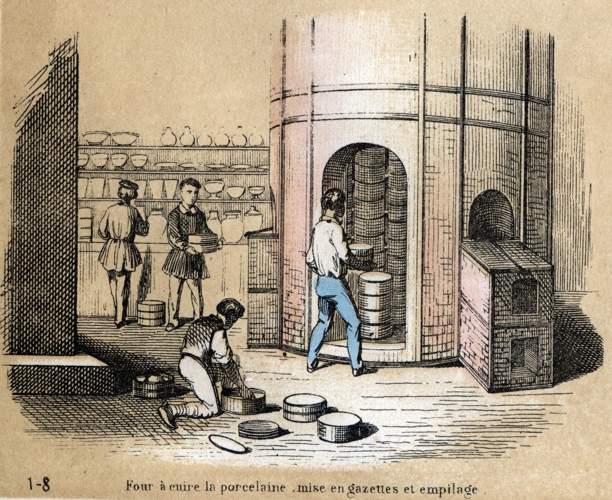 Descripción de las diversas etapas de fabricación y usos de la arcilla: vista de un horno de porcelana, gazetting y apilamiento. Placa “La arcilla y sus productos” en “Les Recreations instructives” Pintura sinóptica de Jules DELBRUCK, grabado de 1860. Cole de French School