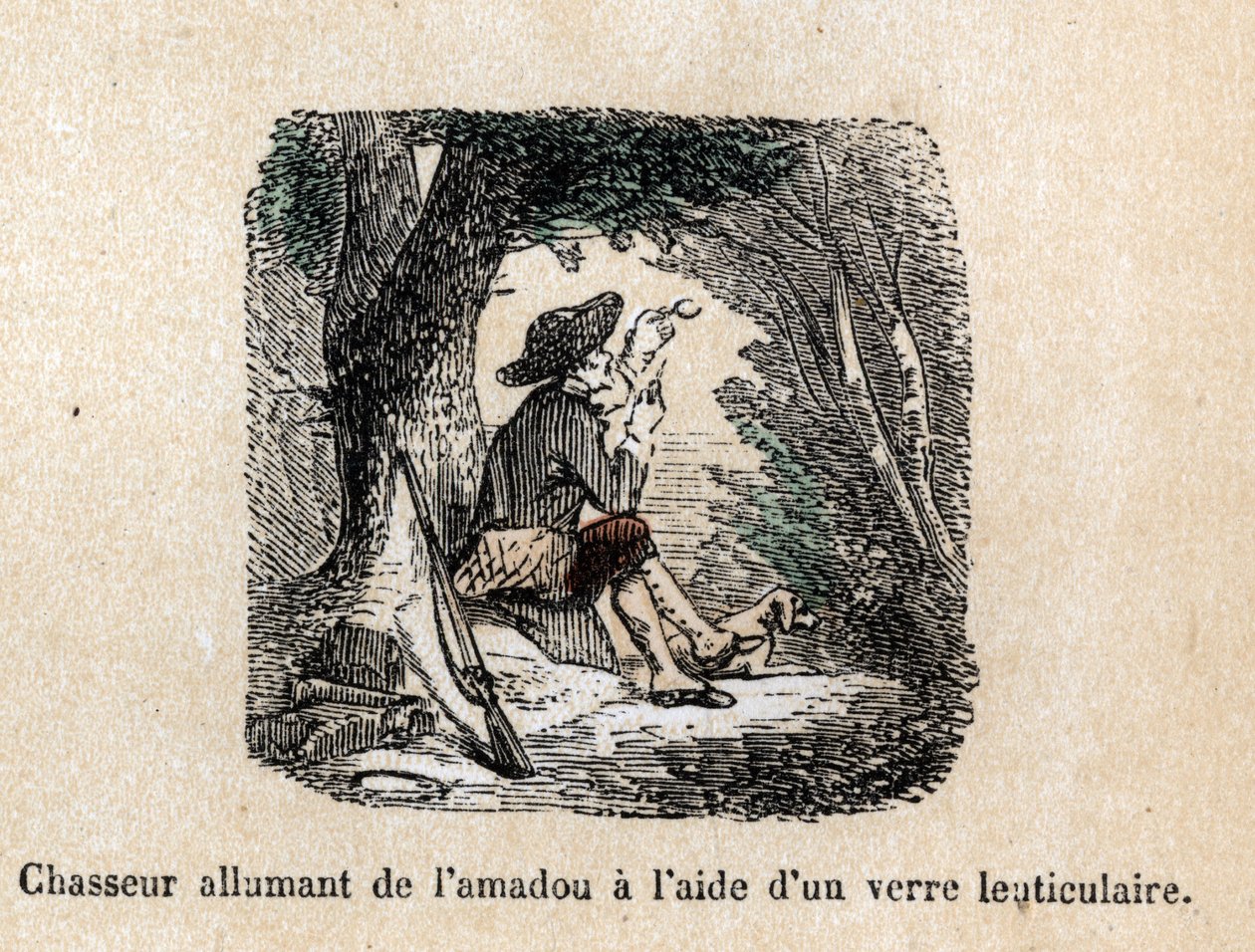 Descripción de las diversas etapas de fabricación y usos del vidrio: un cazador quemando el tingler encendiéndolo con una lente (o vidrio lenticular). en "Les Recreations instructives" pintura sinóptica de Jules DELBRUCK. de French School