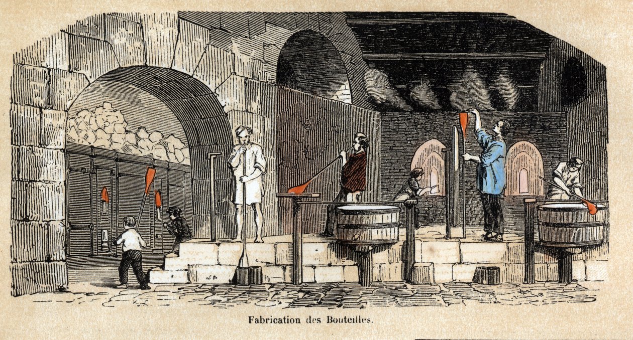 Descripción de las diversas etapas de fabricación y usos del vidrio: la fabricación de botellas en un taller de sopladores de vidrio. Placa “El vidrio y sus productos” en “Les Recreations instructives” Pintura sinóptica de Jules DELBRUCK, grabado de 1860.  de French School