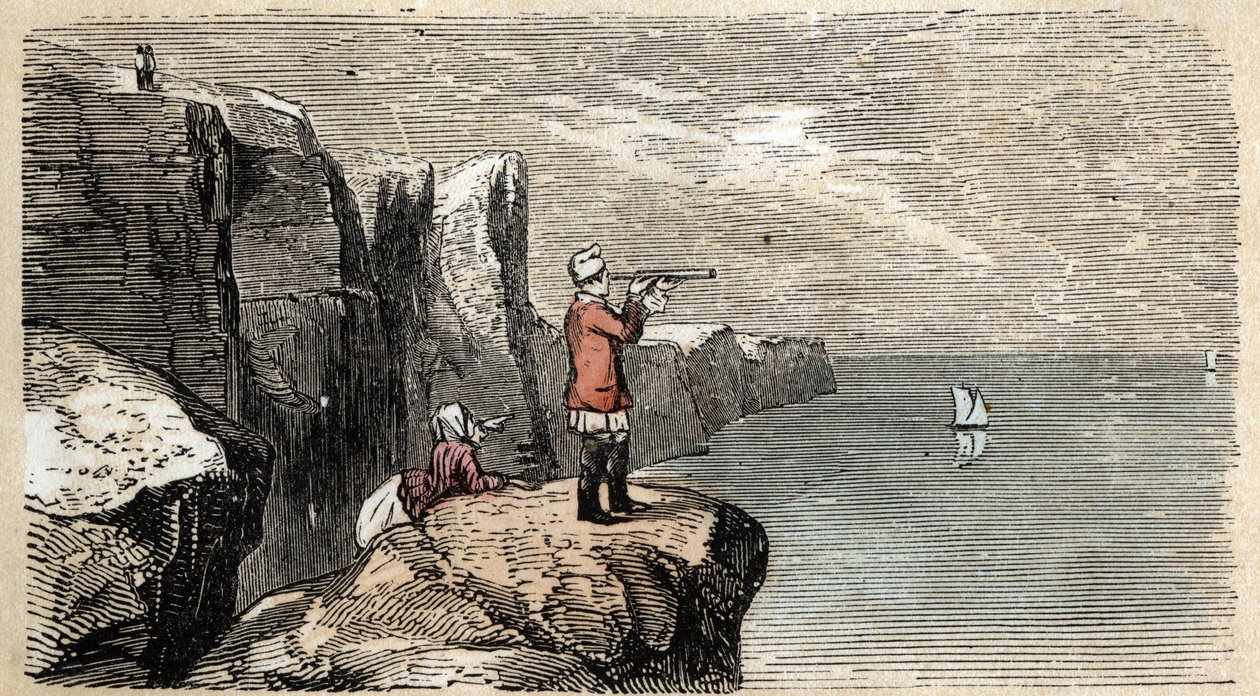 Descripción de las diversas etapas de fabricación y usos del vidrio: el uso de la larga vista para observar el regreso de los marineros que se fueron al mar. Placa “El vidrio y sus productos” en “Les Recreations instructives” Pintura sinóptica de Jules DEL de French School