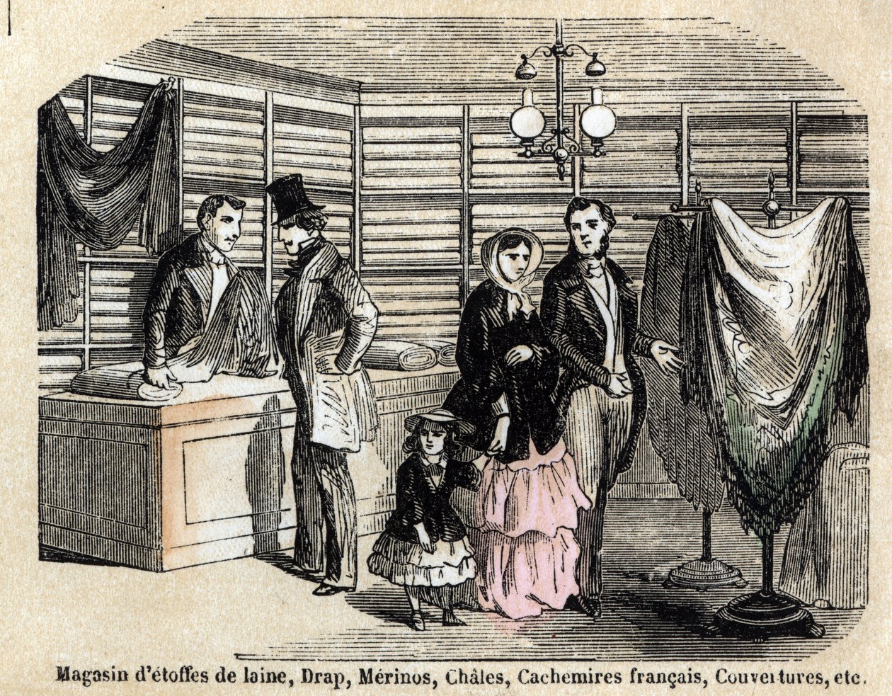 Descripción de los diversos usos y productos hechos de oveja: vista de una tienda de telas de lana y tejidos, sábanas, cachemira. en "Les moutons" en "les Recreations instructives" pintura sinóptica de Jules DELBRUCK, grabado de 1860. Colección privada. de French School