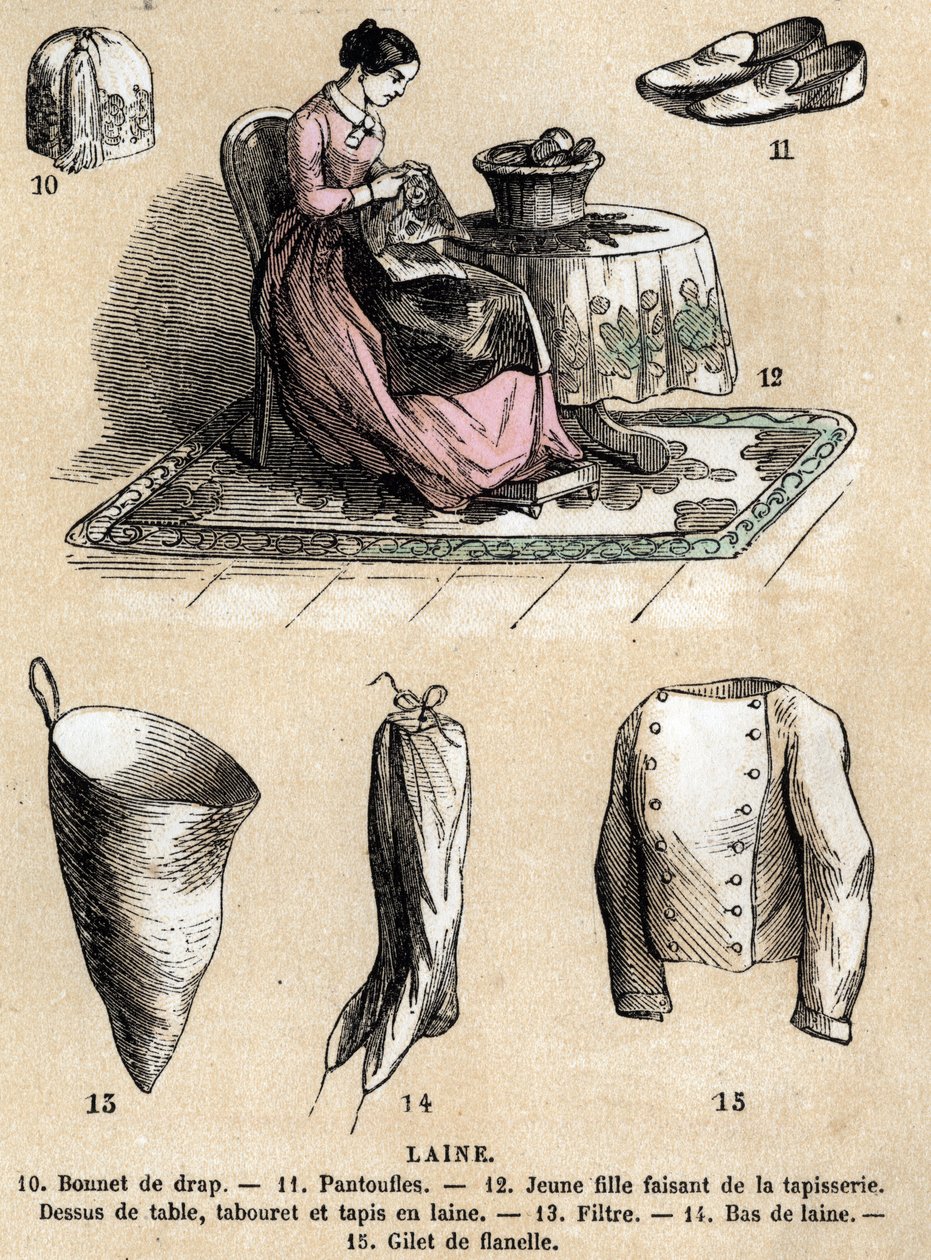 Descripción de los diversos usos y productos de la oveja: tapicería y productos de lana, sombrero, pantuflas, medias de lana, chaleco de franela. en "Les moutons" en "les Recreations instructives" pintura sinóptica de Jules DELBRUCK, grabado de 1860. Colec de French School
