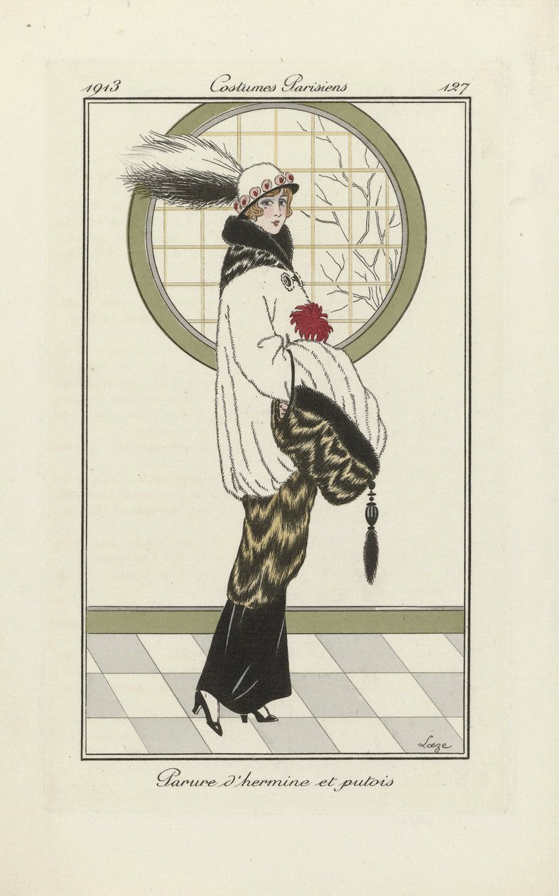 Diseño para conjunto de armiño y turón, de Costumes Parisien, pub.1913 (impresión en pochoir) de French School
