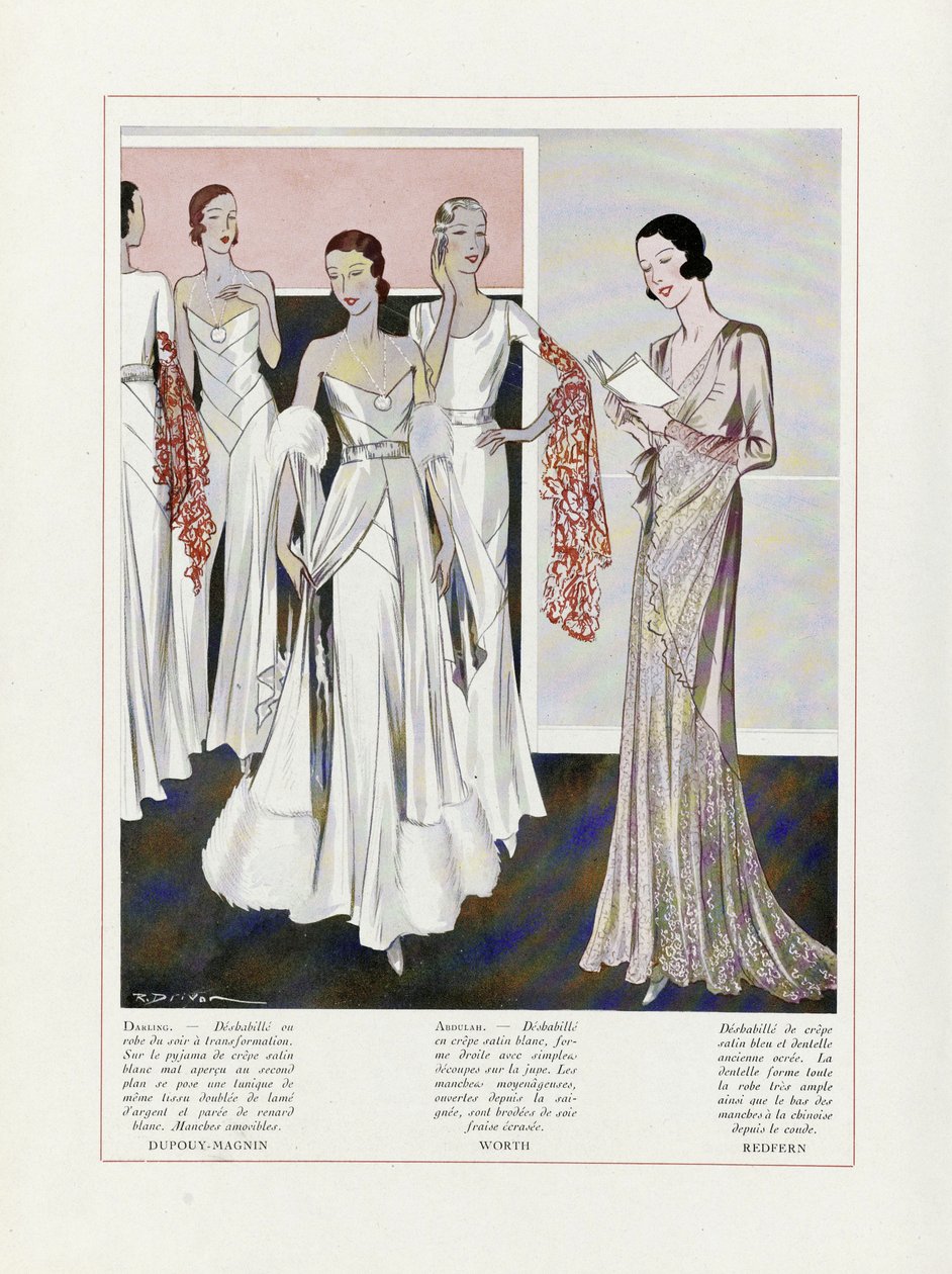 Design for Evening Dresses by Depouy-Magnin, Worth, and Redfern, from Art, Gout, Beaute, pub. 1931 (litografía en color) de French School