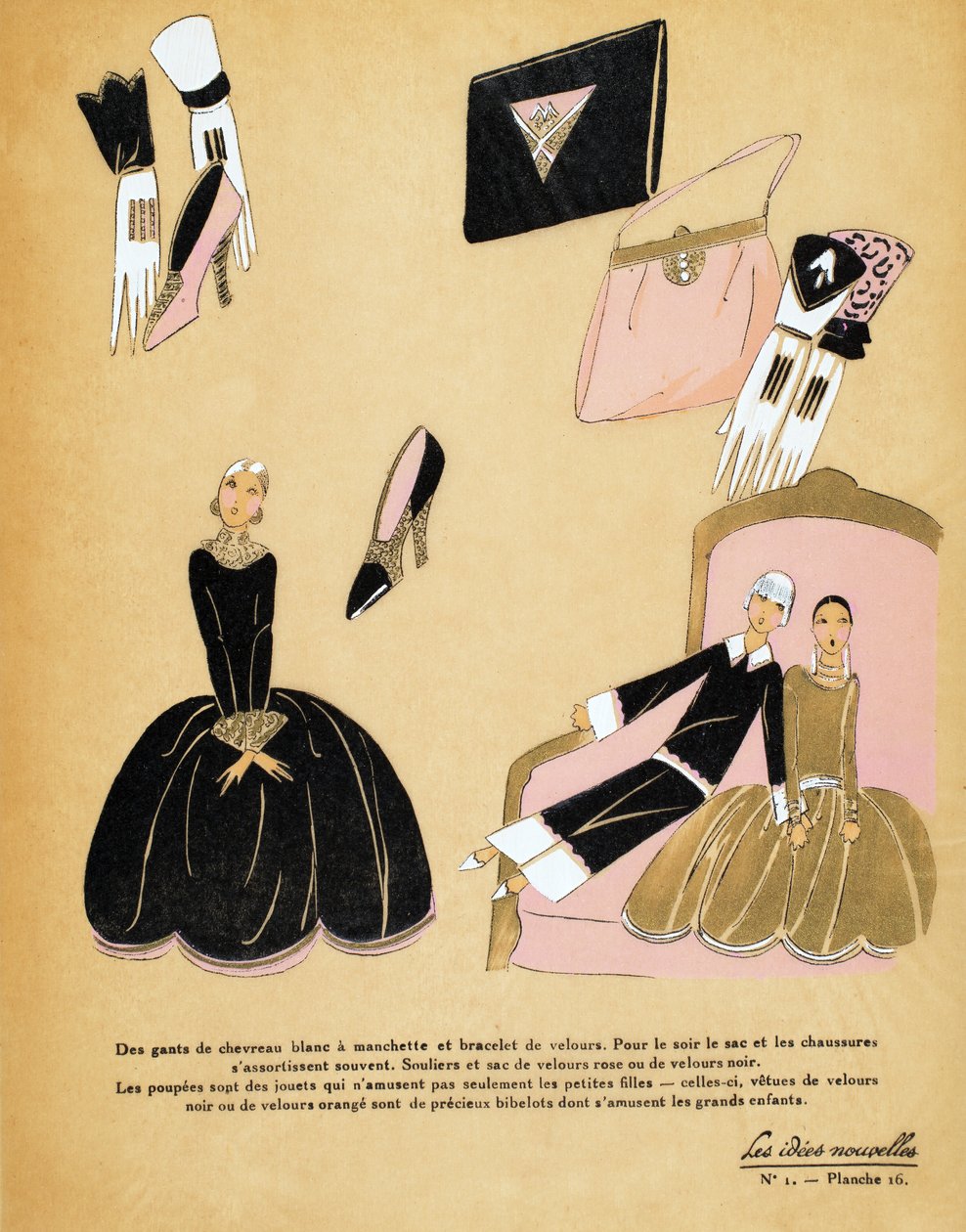 Diseño para un vestido de terciopelo negro y accesorios junto con dos muñecas, Les Idées Nouvelles de French School