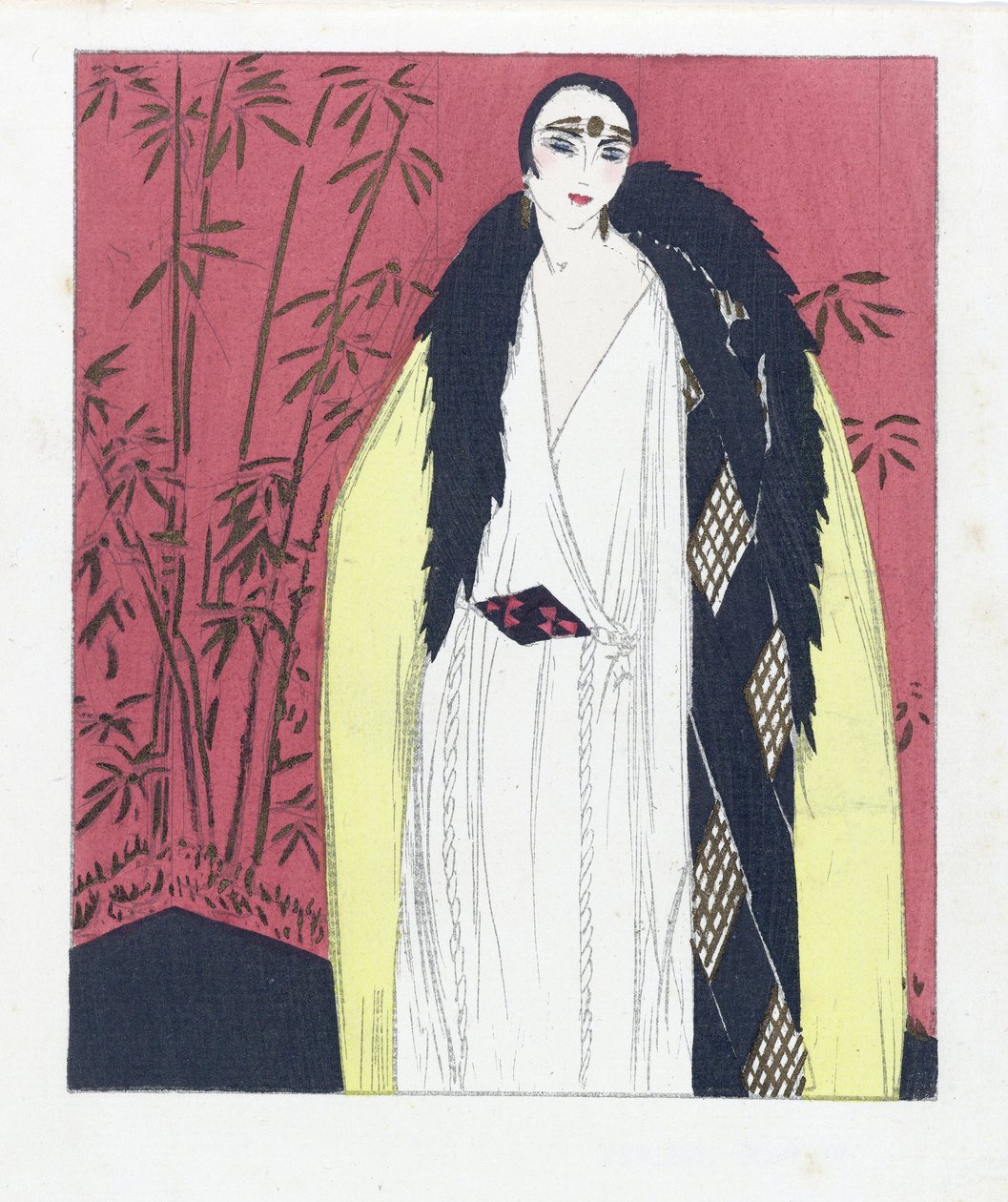 Diseño de vestido de noche con capa de piel, pub. 1924 (estampado pochoir) de French School