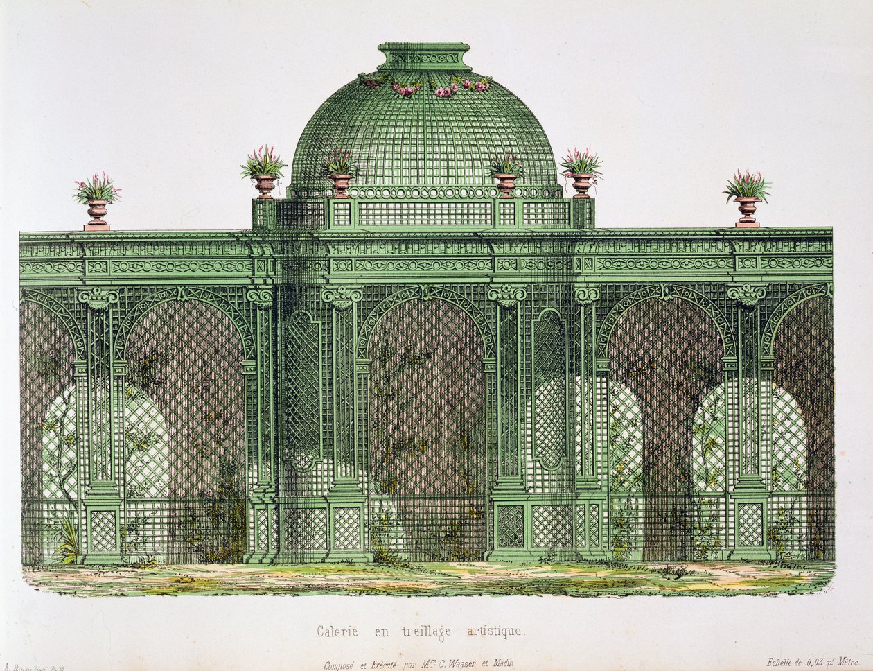 Diseño para una galería de celosía con una cúpula central, publicado para el Bureau de Moniteur des Menusiers, París de French School