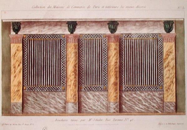 Diseño para la fachada de una carnicería, de una serie que representa los edificios comerciales mejor decorados de París, c.1810 de French School