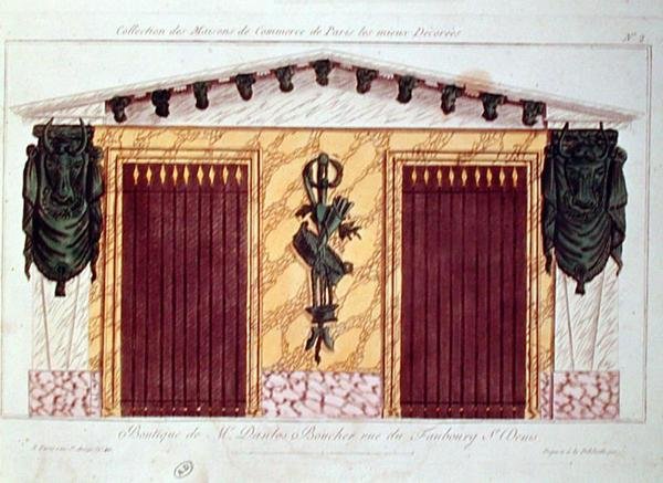 Diseño para la fachada de una carnicería, de una serie que representa los edificios comerciales mejor decorados de París, c.1810 de French School