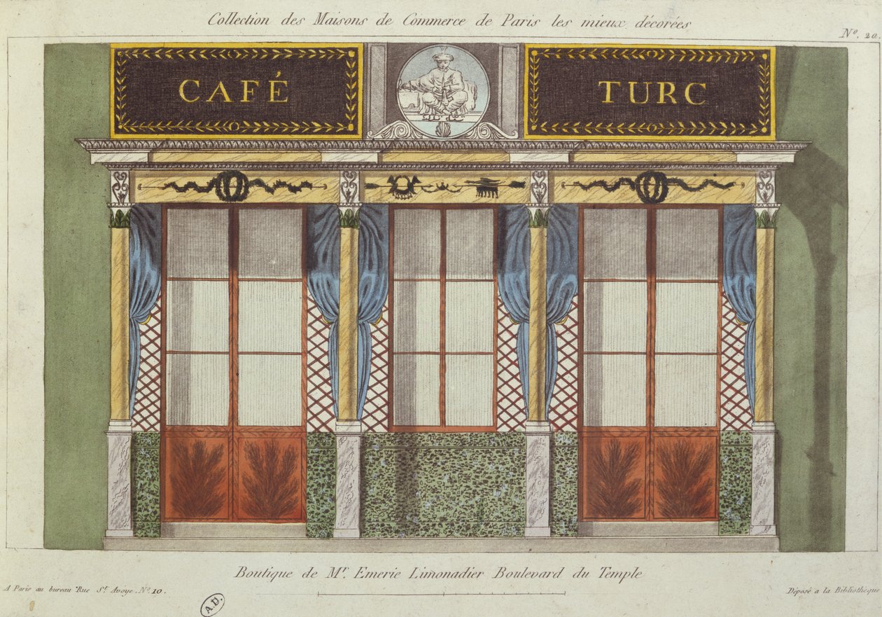 Diseño para la fachada del Café Turc, de una serie que representa los mejores edificios comerciales decorados en París, c.1810 de French School