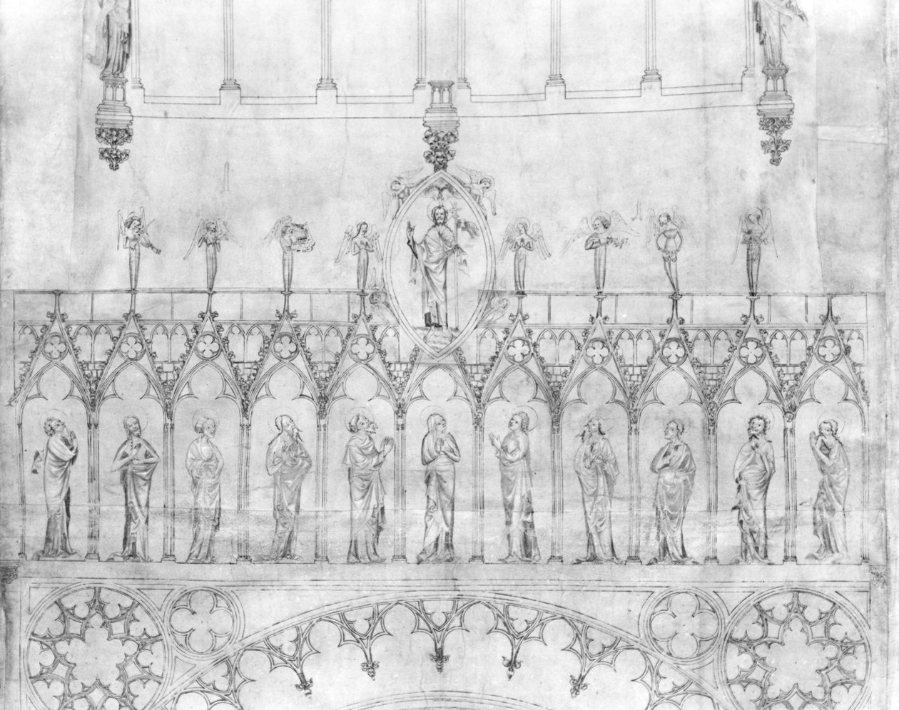 Diseño para la galería de reyes en la fachada de la Catedral de Estrasburgo, c.1380 (detalle) de French School