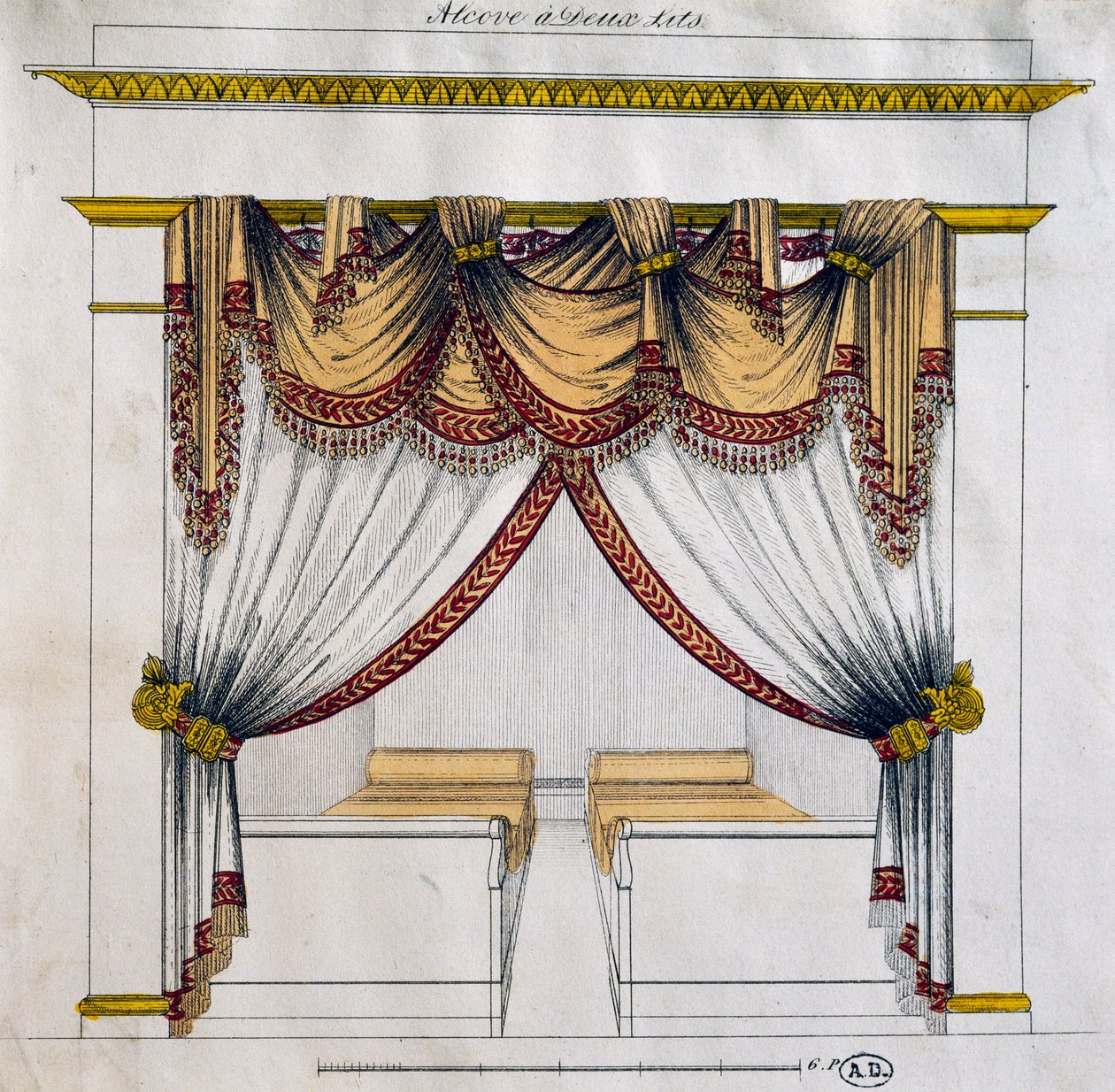 Diseño de alcoba con dos camas (período del Primer Imperio), ilustración, Francia de French School