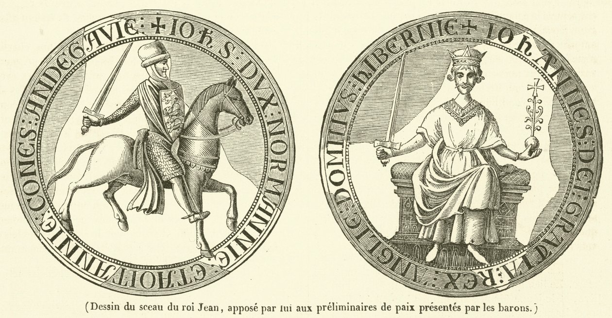 Dibujo del sello del rey Juan, puesto por él en los preliminares de paz presentados por los barones (grabado) de French School