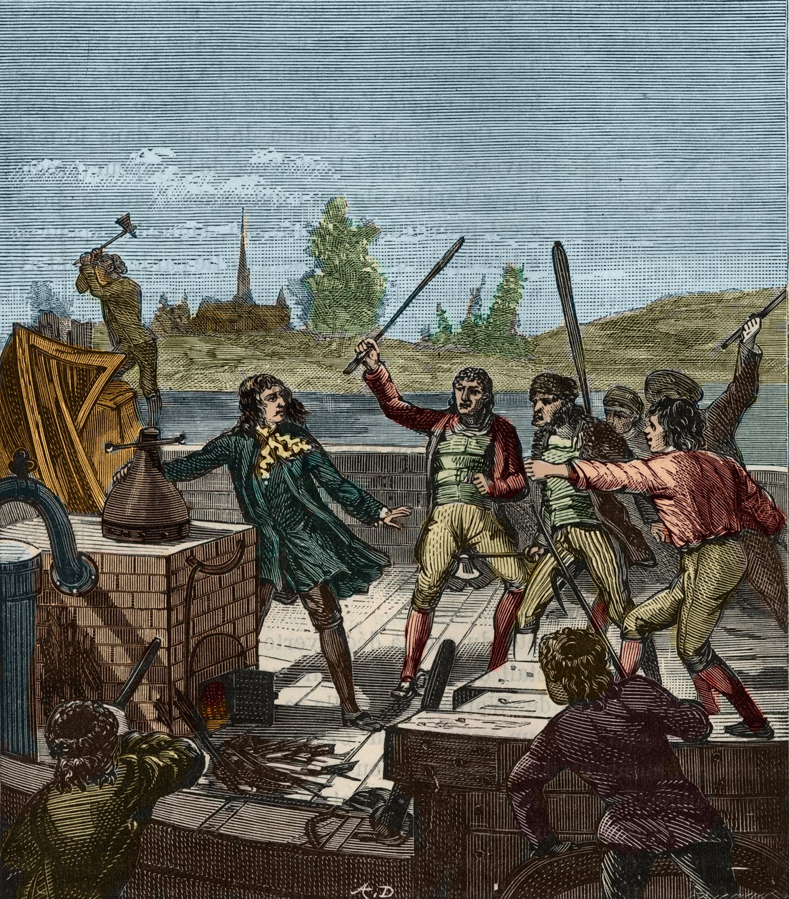 Destrucción del barco de vapor de Papin - Denis Papin (1647-1712) viendo su barco de vapor destruido por los barqueros de Muenden en 1707 - Grabado en “Ciencias al alcance de todos de French School
