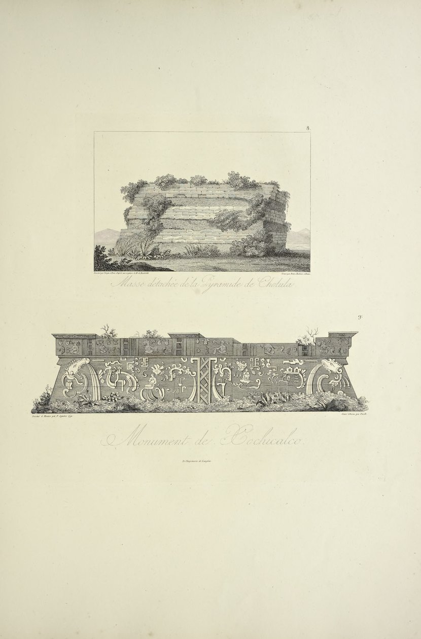 Masa desprendida de la Pirámide de Cholula y Monumento de Xochicalco, ilustración de 