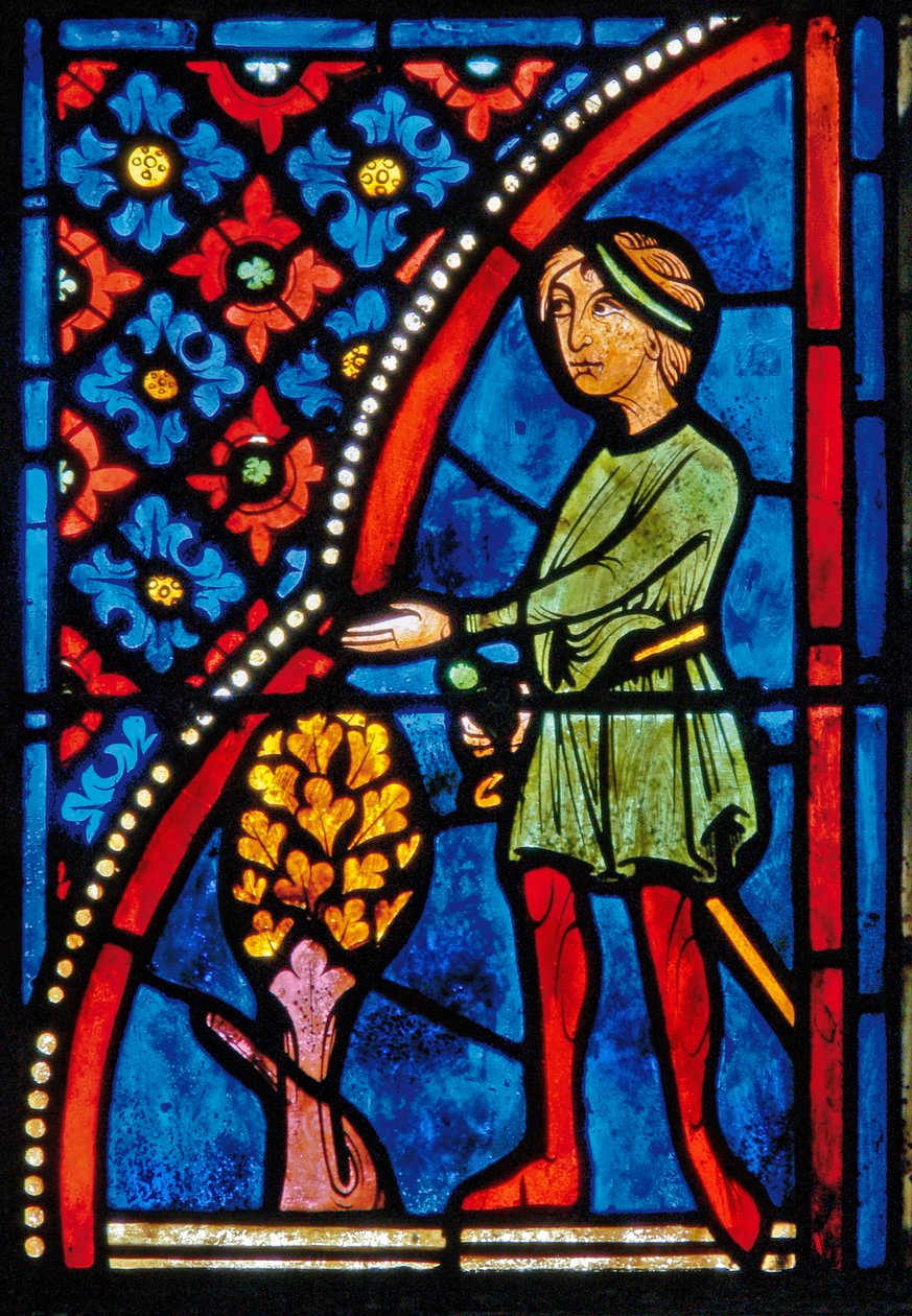 (detalle) de una ventana que representa escenas de la vida de Santa María la Egipcia de French School