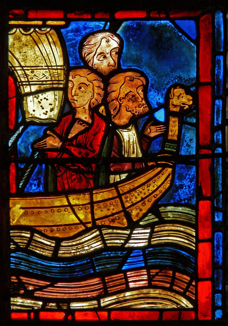 (detalle) de una ventana que representa escenas de la vida de Santa María la Egipcia de French School