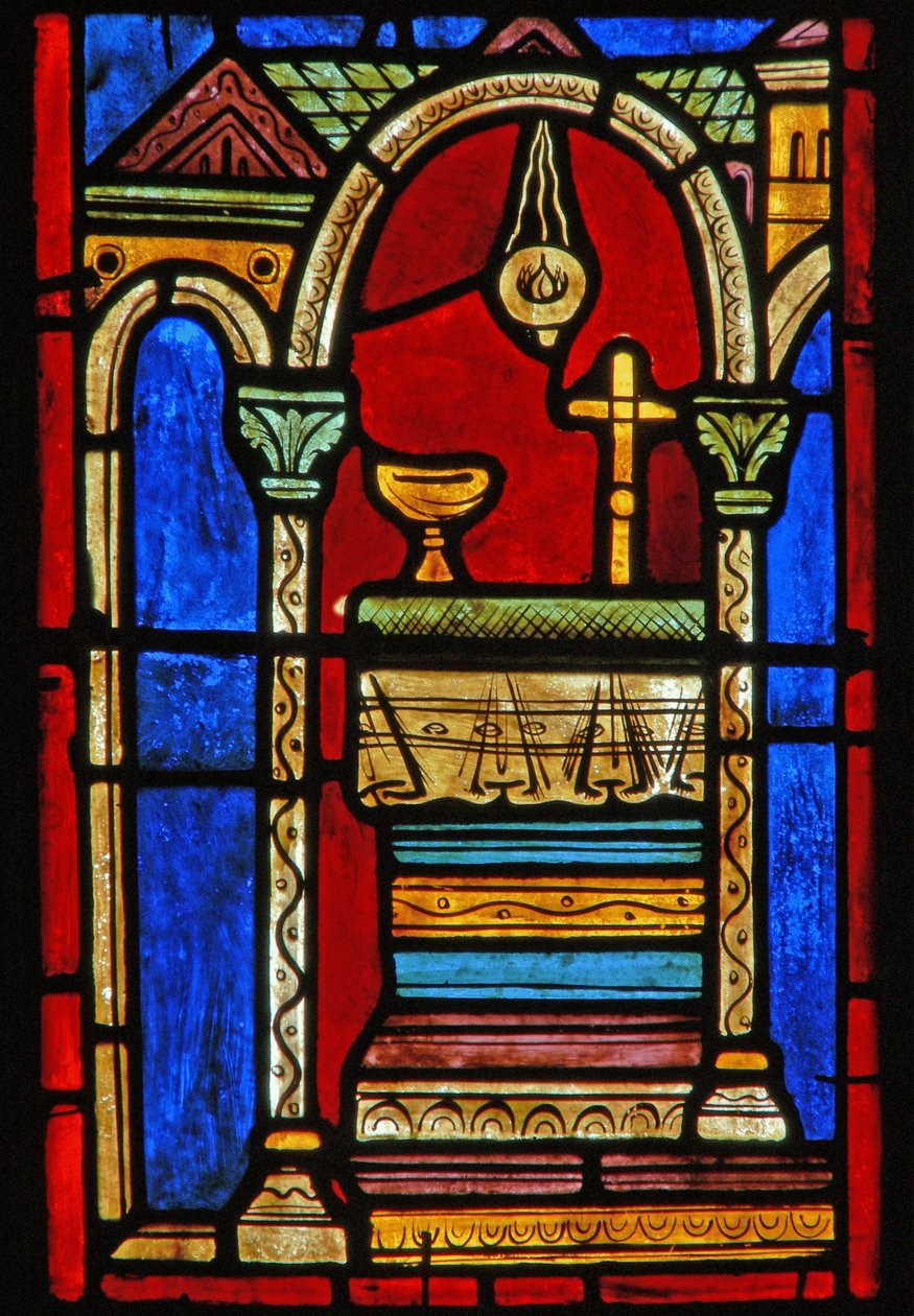 (detalle) de una ventana que representa escenas de la vida de Santa María la Egipcia de French School
