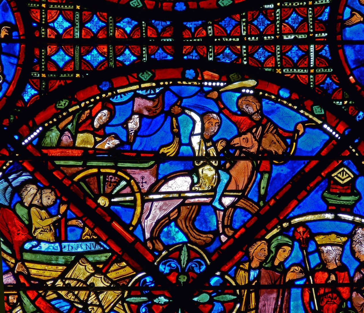 (detalle) de escenas de la vida de San Esteban: caballo y carro de French School
