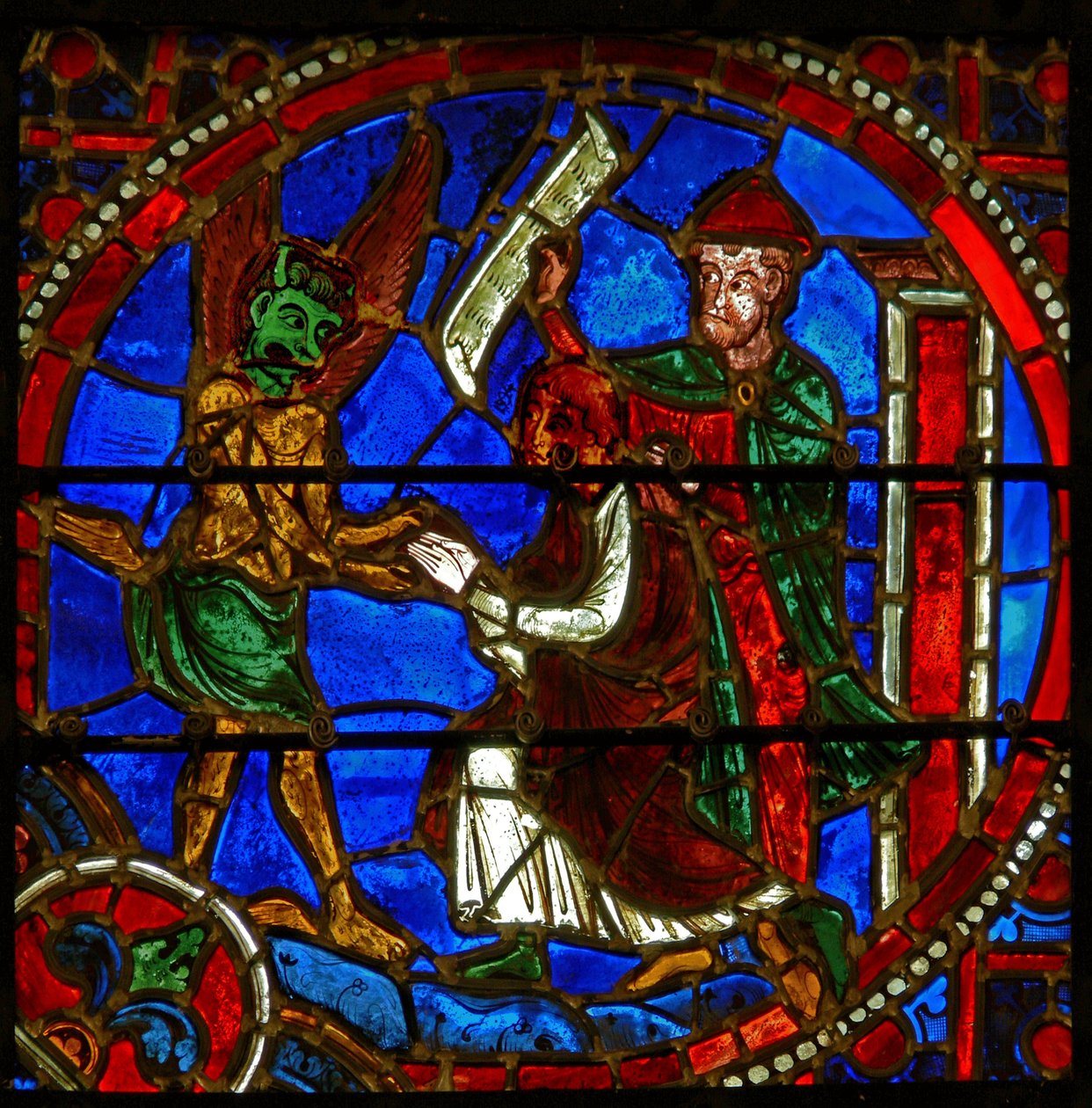 (detalle) de una ventana que representa escenas del milagro de Teófilo de French School