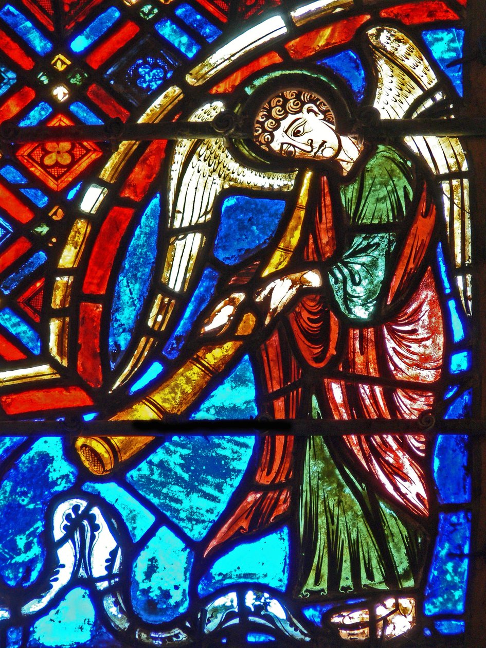 (detalle) de una ventana que representa el Juicio Final de French School