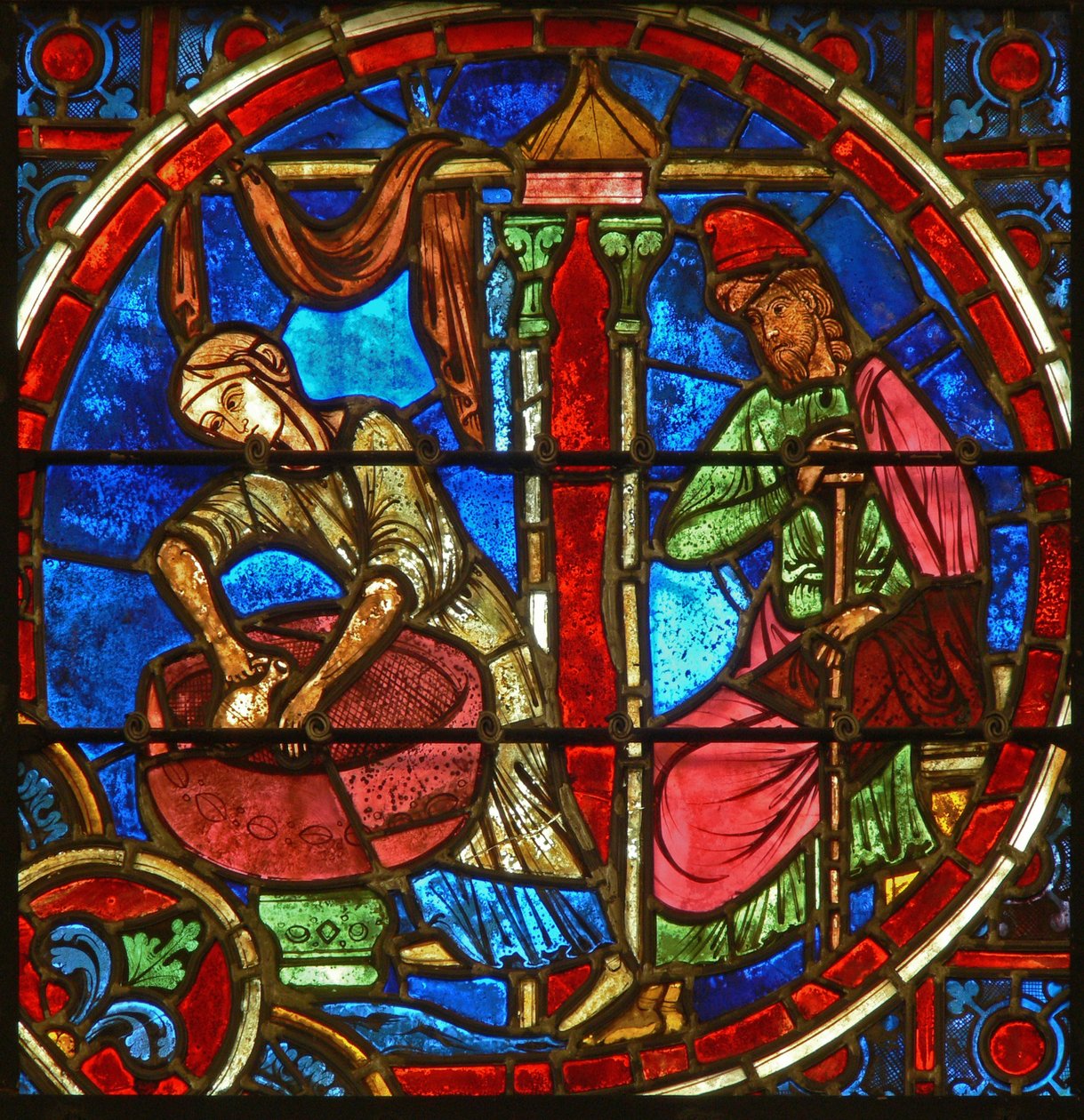 (detalle) de una ventana que representa la Natividad de French School