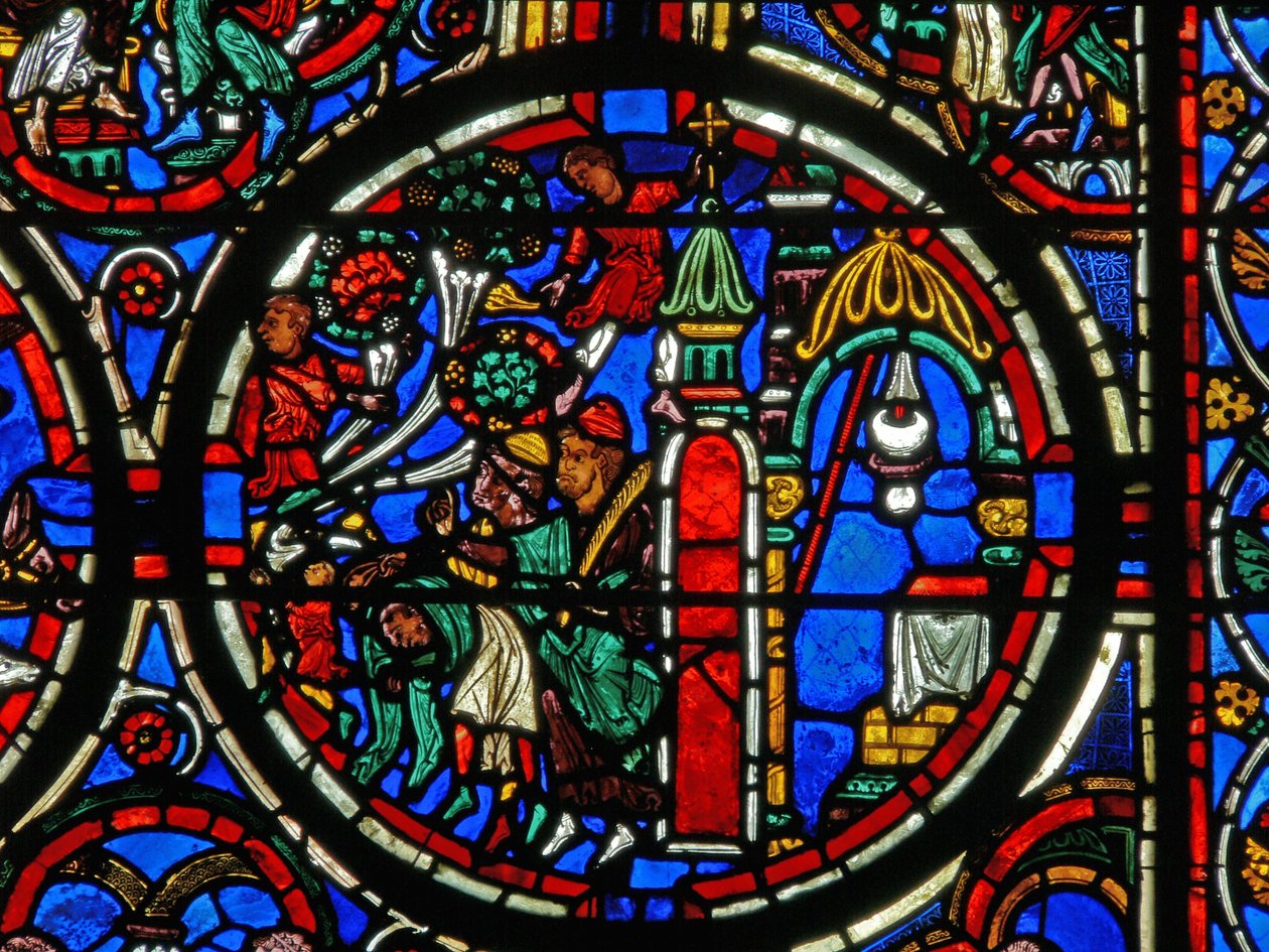 (detalle) de una ventana que representa la Pasión: Cristo siendo recibido en su entrada a Jerusalén de French School