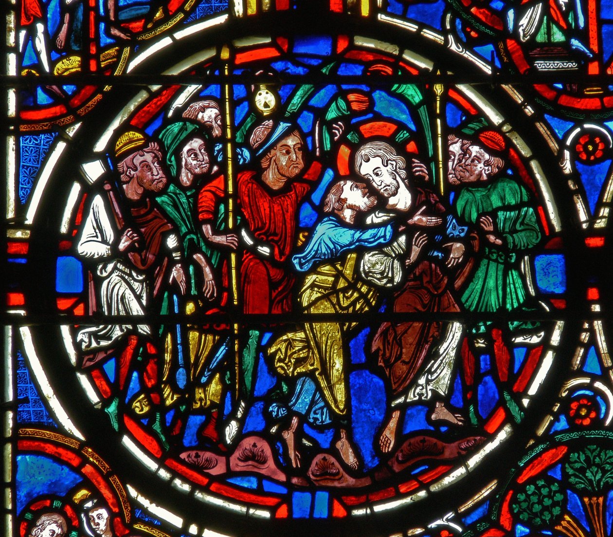 (detalle) de una ventana que representa la Pasión: la traición de Judas de French School
