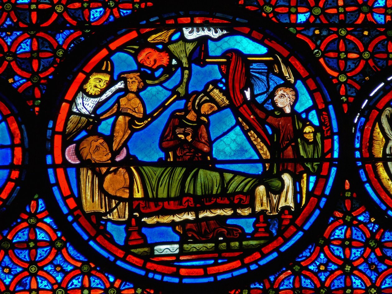 (detalle) de una ventana que representa la parábola de Lázaro y el rico de French School