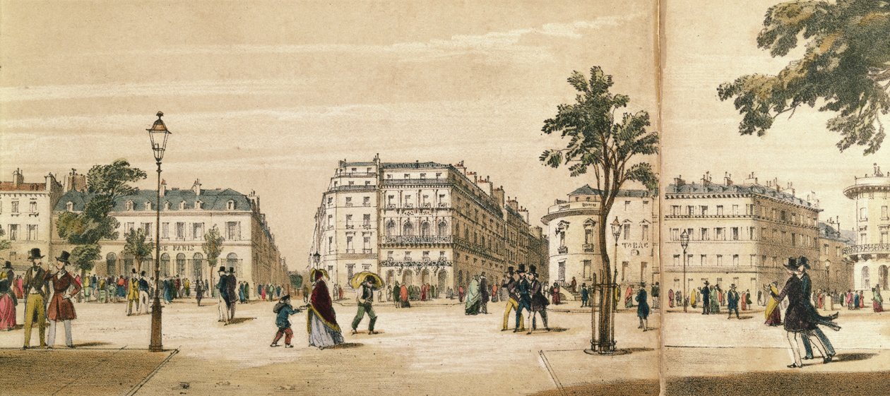 Detalle de un panorama del Boulevard des Italiens, c.1840 (litografía en color) de French School